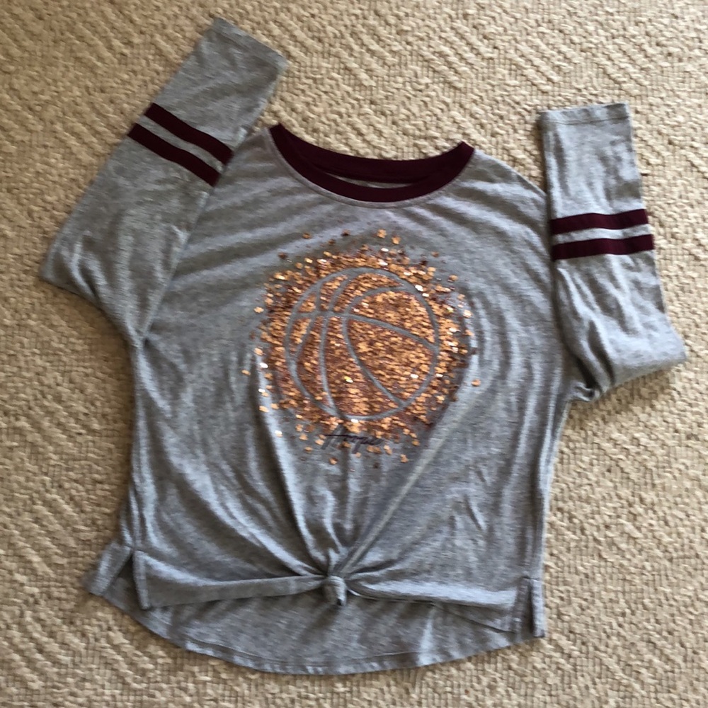 JUSTICE ACTIVE collegiate sequin hoops long sleeve tie waist top